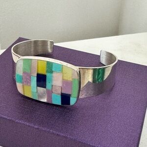 Colorful Mosaic Gemstone wrapped in Sterling Silver Cuff Bracelet